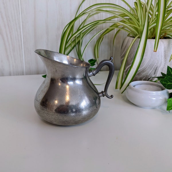 Small 3.25" Pewter Creamer with Ornate Handle Vintage Silver Cream Dish Pitcher by Royal Holland Pewter