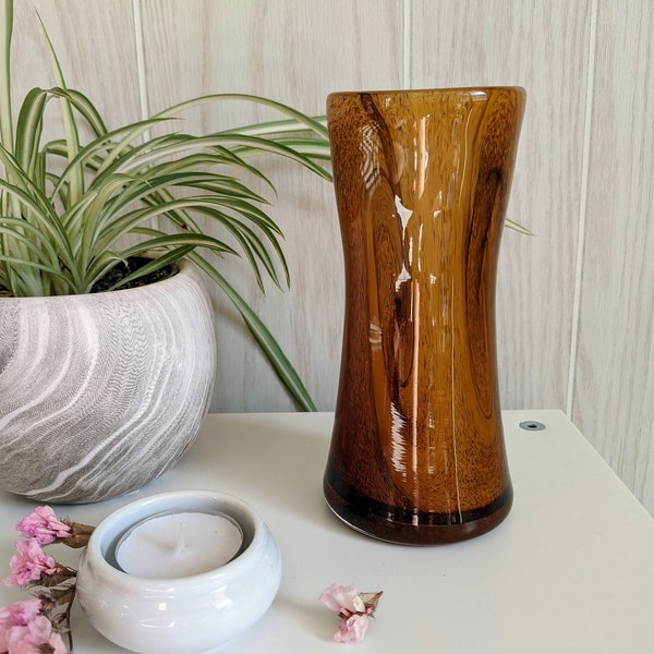 Lovely Swirled Small 6" Blown Glass Cylinder Vase with Brown and Black Swirls