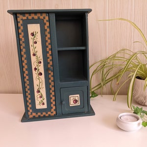 Painted 11.75" Miniature Wood Shelf Unit with 3 Shelves, Armoire Door and Mini Door Display Storage Tabletop Design