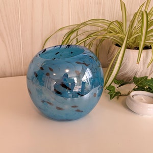 Swirled Heavy Blown Glass Blue Black and Clear Glass Tealight Votive Sphere Candle Holder Cup