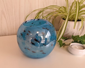 Swirled Heavy Blown Glass Blue Black and Clear Glass Tealight Votive Sphere Candle Holder Cup