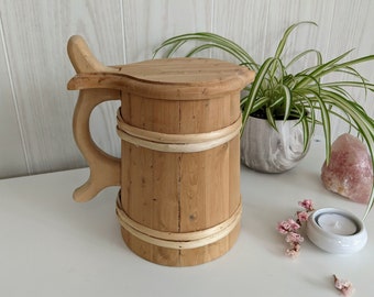 Wooden 7.5" Rustic Decorative Pitcher with Carved Handle and Lid and Decorative Binding