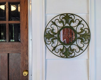 Green 16" Round Ornate Wall Mirror with Decorative Metal Frame Fleur de Lis Scrollwork Spiral Design Hanging Accent Mirror