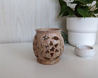 Carved Stone Pierced Votive Tealight Candleholder Punched Cutout Cone Incense Dish Burner Holder Carving Candle Holder