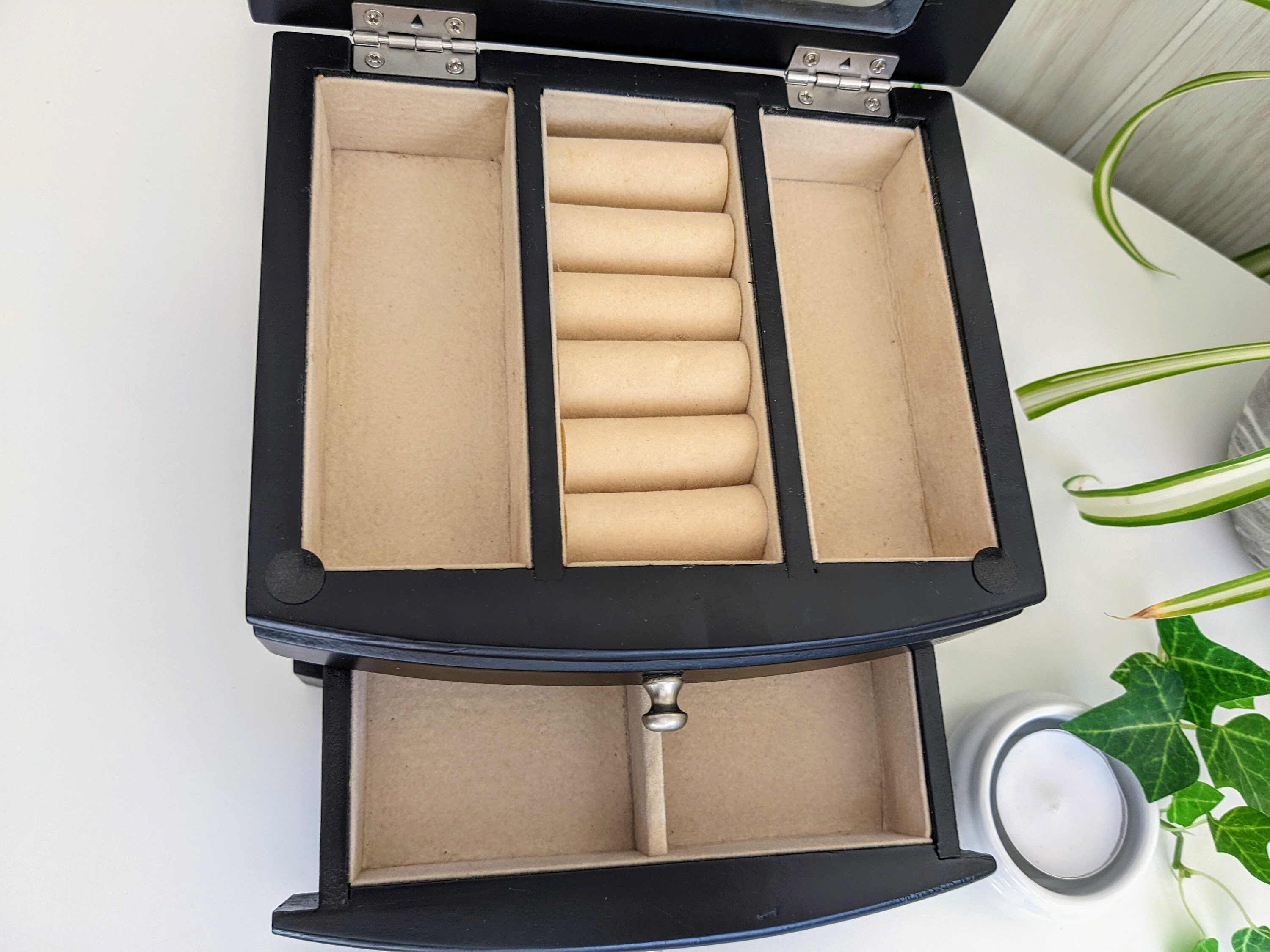 Small Black Wood Jewelry Box With Window Lid Ring Organizer Etsy