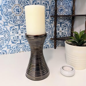 Textured 6&quot; Metallic Ceramic Pillar Candleholder Raku Copper Glazed Candle Riser with Ridged Ribbed Design