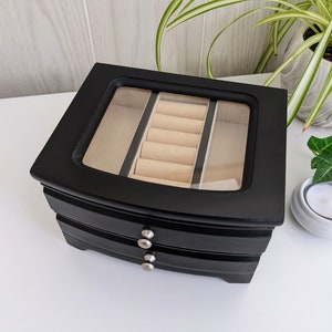 Small Black Wood Jewelry Box with Window Lid, Ring Organizer, Felt Lined Drawer