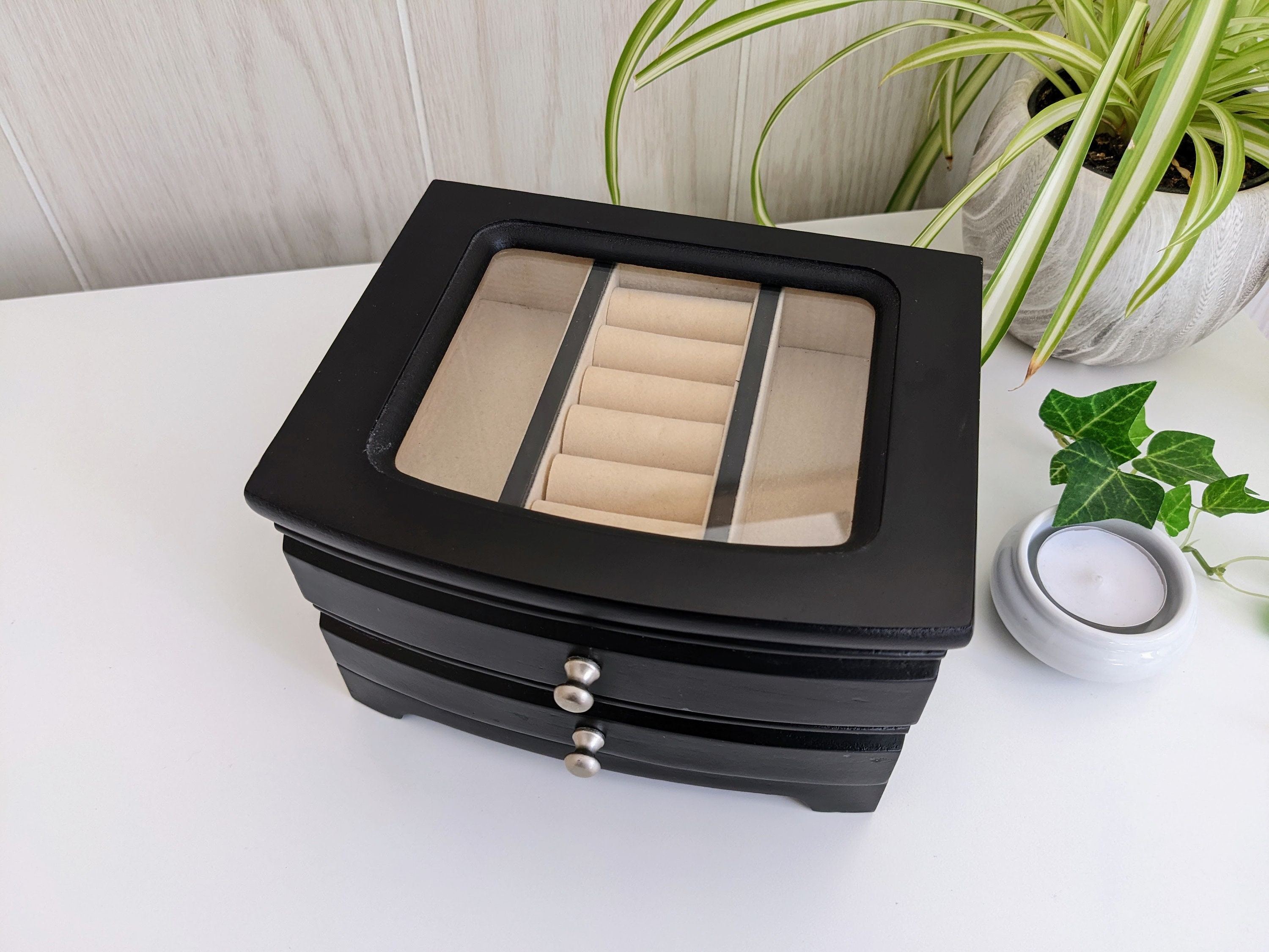 Small Black Wood Jewelry Box With Window Lid Ring Organizer Etsy