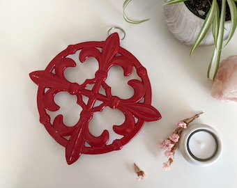 Cherry Red Fleur De Lis Heavy Cast Iron Trivet with Hanging Ring and Rubber Feet