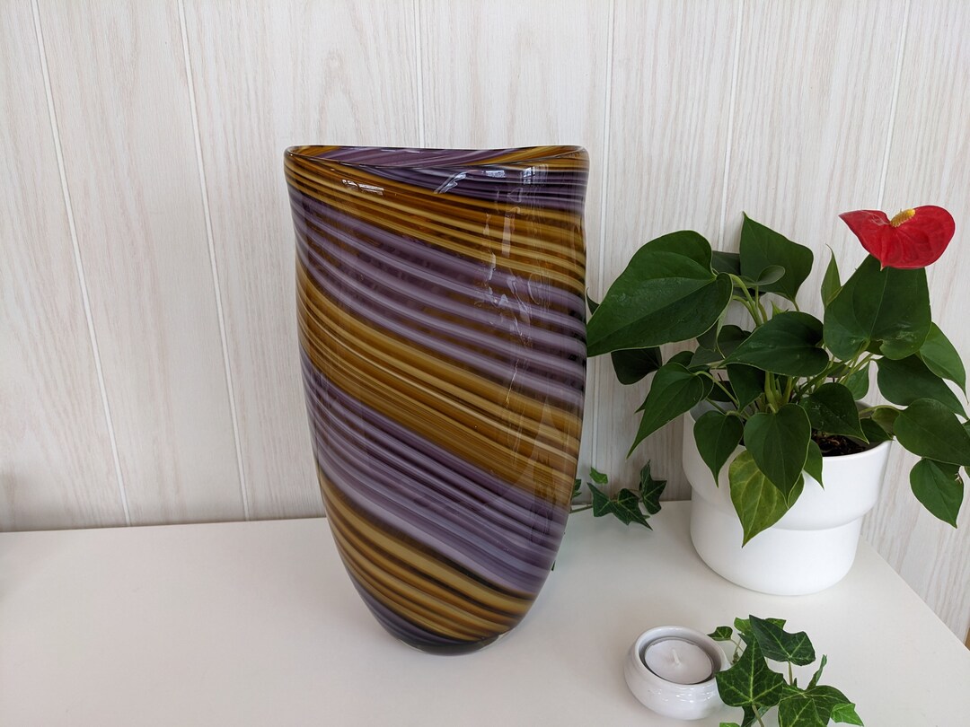 Large 12 Blown Art Glass Vase Wide Mouth With Swirled Purple and Amber