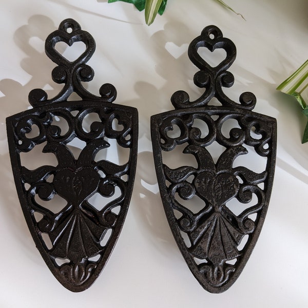 Pair of 2 Matching Vintage Classic Heavy Black Cast Iron Trivets with Heart and Scrollwork Design