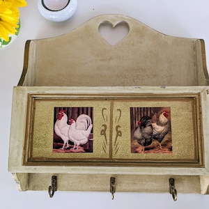 Shabby 10&quot; Wooden Wall Organizer w Heart Cutout Mail Slot Cubby and 3 Key Hooks Kitchen Office Hanging Shelf Hook