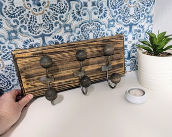 Set of 3 Hooks Wall Hanger 4 Large Black Metal Coat, Towel Hooks with Wood Detail Knobs