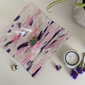 7&quot; Square Fused Glass Shallow Bowl Clear with Purple, Pink, and White Small Serving Tray Ring Dish
