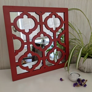 14&quot; Square Accent Mirror with Red Geometric Wood Overlay Decorative Hanging Wall Mirror