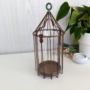 Metal 9&quot; Birdcage Candleholder with Glass Insert Bird Cage Centerpiece with Hanging Loop Wedding Decor