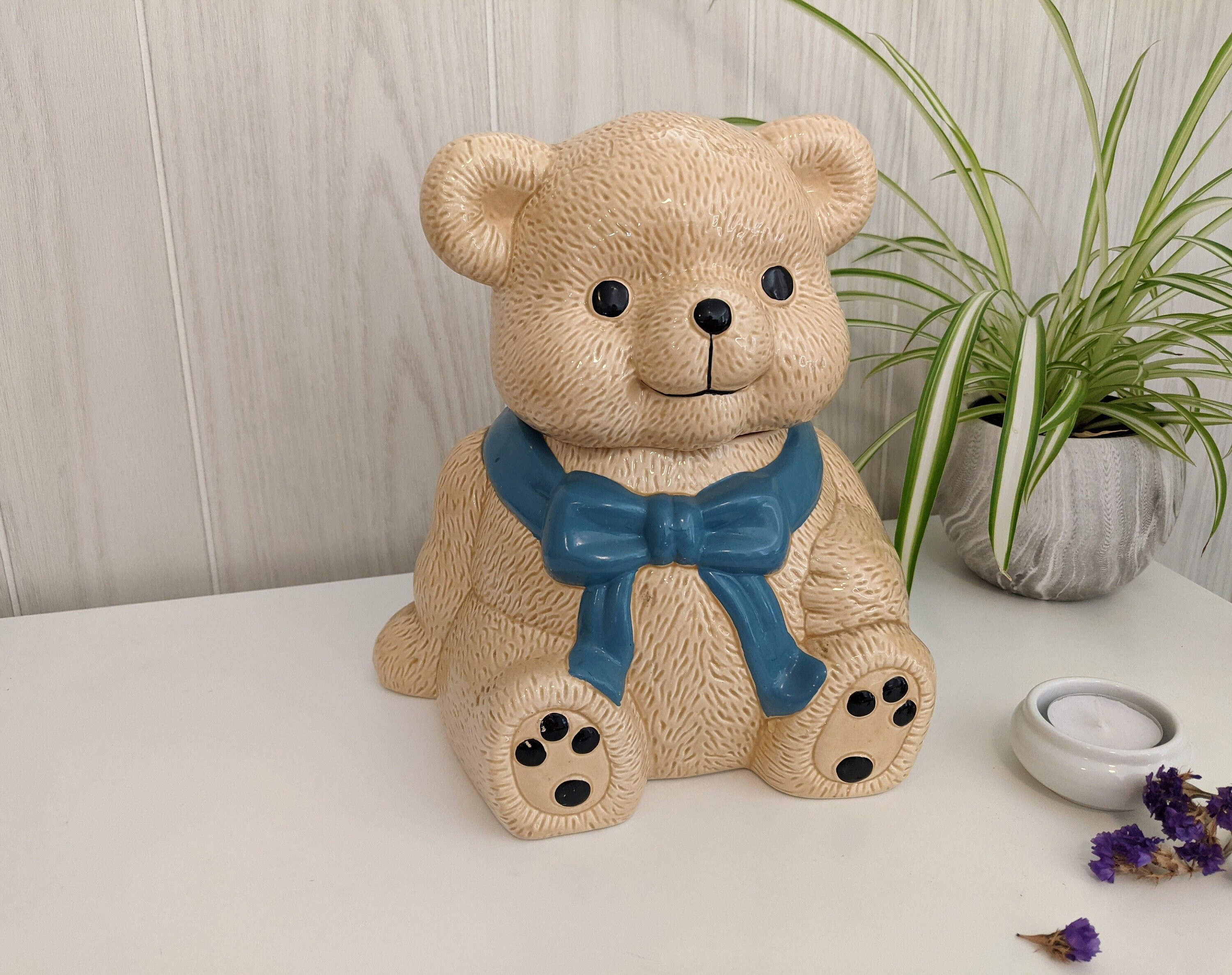 Vintage BEAR In Blue Sweater Holding Teddy Bear Ceramic Cookie Jar Hand  Painted