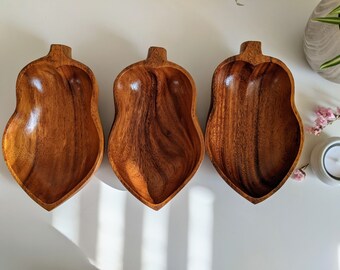 Set of 3 Vintage Carved Wooden Small Shallow Bowls Leaf or Fruit Shaped with Stems