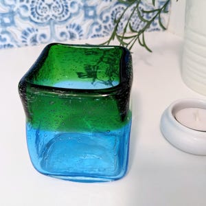 Square 3.25&quot; Tall Heavy Blown Glass Blue and Green Glass Small Vase Tealight Votive Sphere Candle Holder