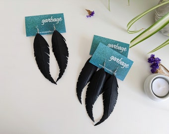 Extra Long Raven Faux Feather Upcycled Bicycle Inner Tube Tire Vegan Cruelty-Free Earrings