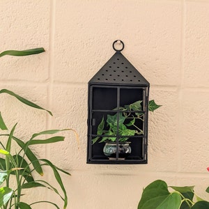 Black 10.75&quot; Distressed Heavy Metal Hanging Bird Cage Candleholder Shelf with Door Wall Planter Sconce Birdcage with Pierced Roof