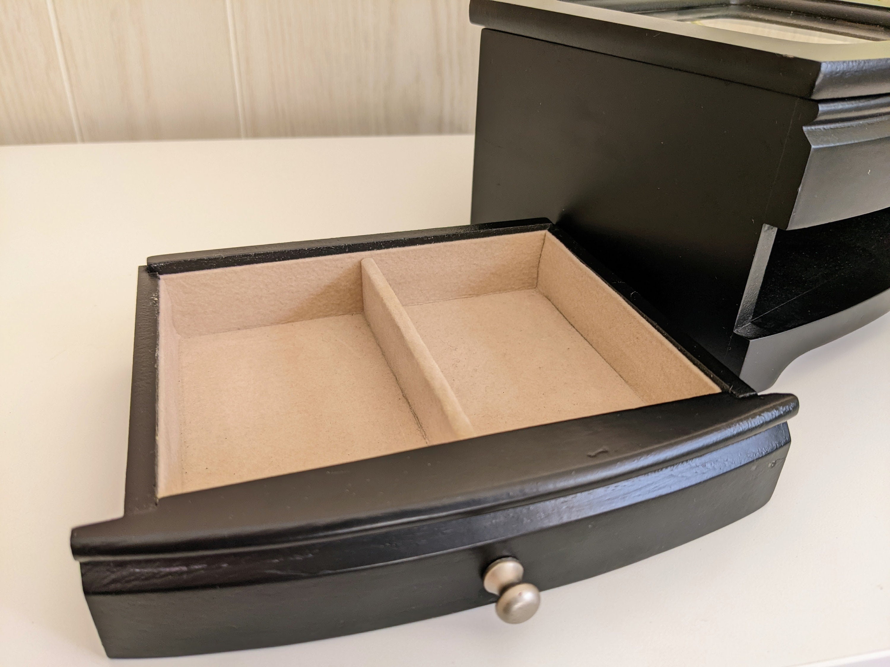 Small Black Wood Jewelry Box With Window Lid Ring Organizer Etsy