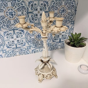 Shabby 12&quot; Tall Ornate 3-Taper Candelabra Heavy Metal Antiqued Cream Painted Multi Candlestick