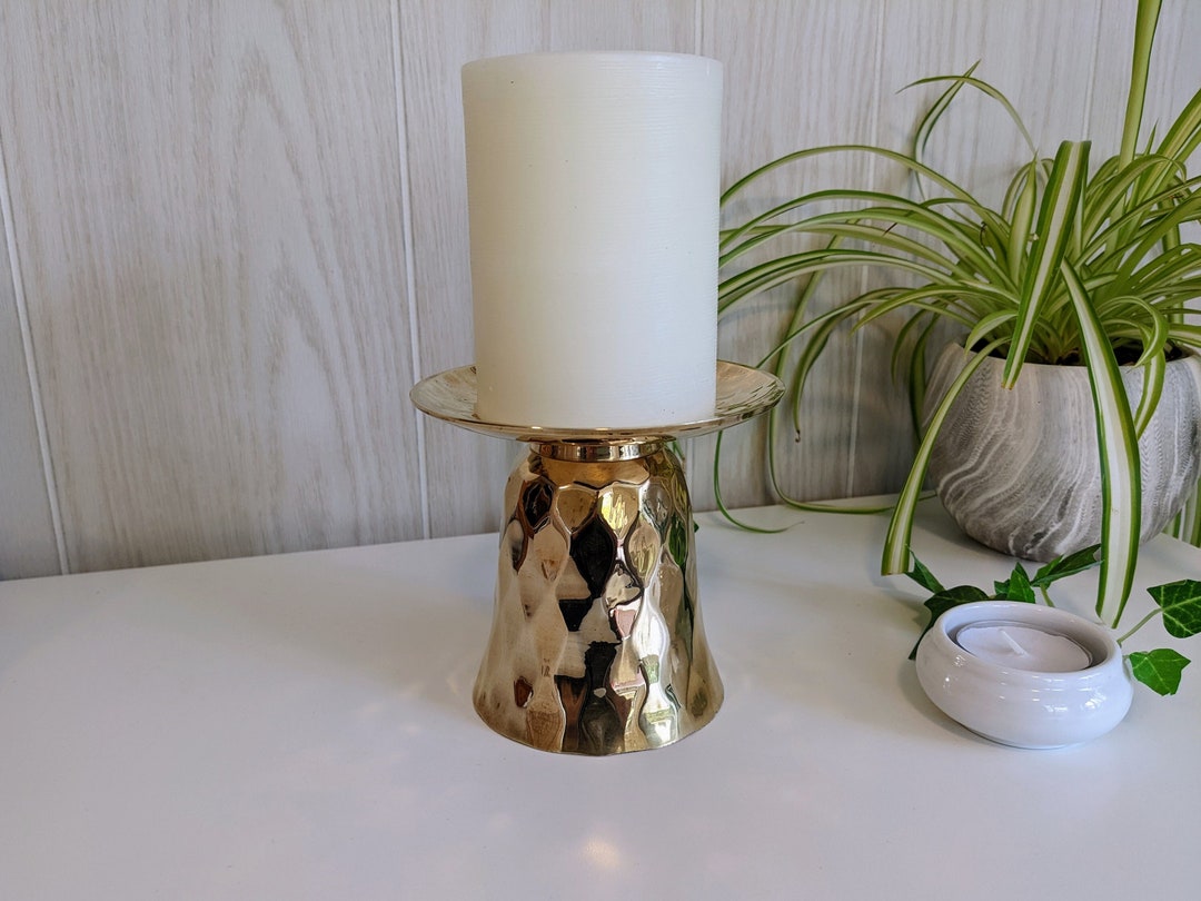 Textured 4 Brass Pillar Candleholder Short Wide Candle Risers