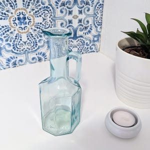 Clear 6.75&quot; Octagonal Green Blue Tinted Glass Bottle with Spout and Small Handle Plain Tall Pressed Glass Cruet