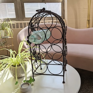 Black 17&quot; Large Antiqued Wrought Iron Ornate Grapevine 7 Bottle Wine Rack with Feet and Handle
