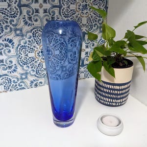 Tall 9.75&quot; Cobalt Blue Blown Glass Round Oval Teardrop Vase with Cut Lip and Thick Clear Bottom