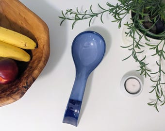 Large 10" Long Two-Tone Blue Ceramic Spoon Rest
