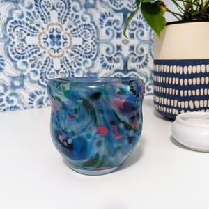 Swirled Heavy Blown Glass Blue, Pink, Sparkly Green, and Clear Glass Tealight Votive Sphere Candle Holder Cup