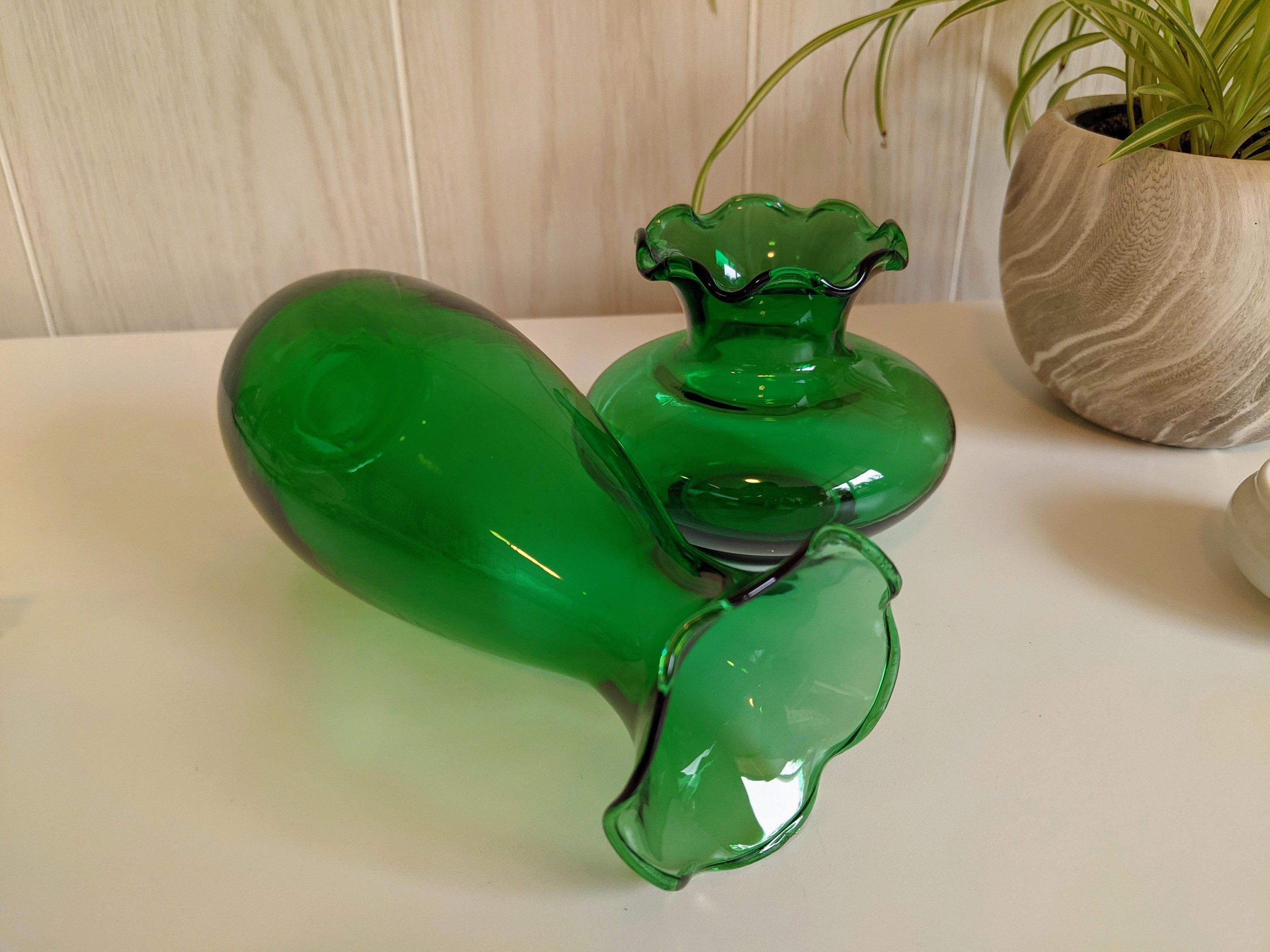 Pair of Small Green Glass Bud Vases with Ruffled Lip Etsy