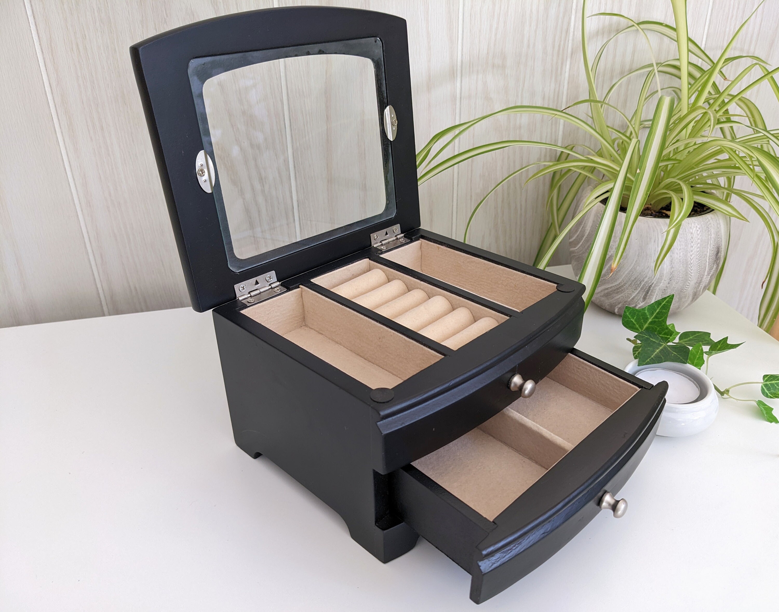 Small Black Wood Jewelry Box With Window Lid Ring Organizer Etsy