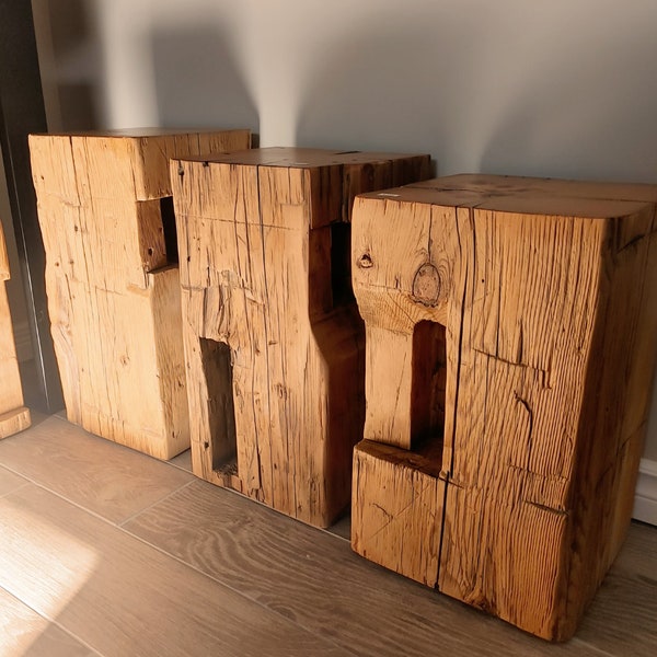 Reclaimed Barn Beam Side Table – Rustic Farmhouse End Table – Solid Wood Block Art Display Column - Plant Stand