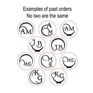May include: A collection of ten circular wax seal impressions featuring black monogram initials on a white background. The text reads Examples of past orders and No two are the same. Each seal displays unique black lettering combinations like AM, JB, ME, and KG.