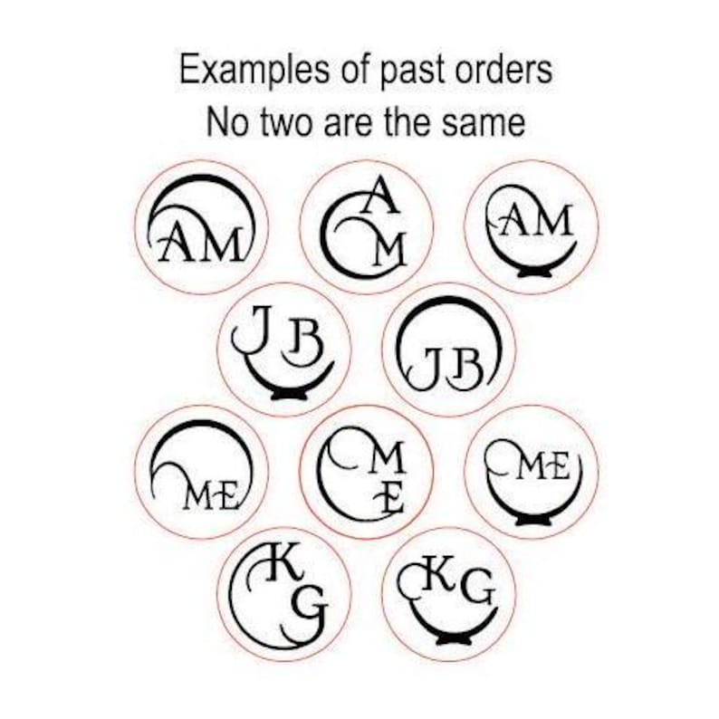 May include: A collection of ten circular wax seal impressions featuring black monogram initials on a white background. The text reads Examples of past orders and No two are the same. Each seal displays unique black lettering combinations like AM, JB, ME, and KG.