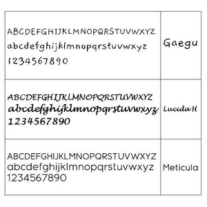 May include: A comparison of three different fonts: Gaegu, Lucida Handwriting, and Meticula. The fonts are shown in uppercase and lowercase letters, as well as numbers 1 through 9 and 0.