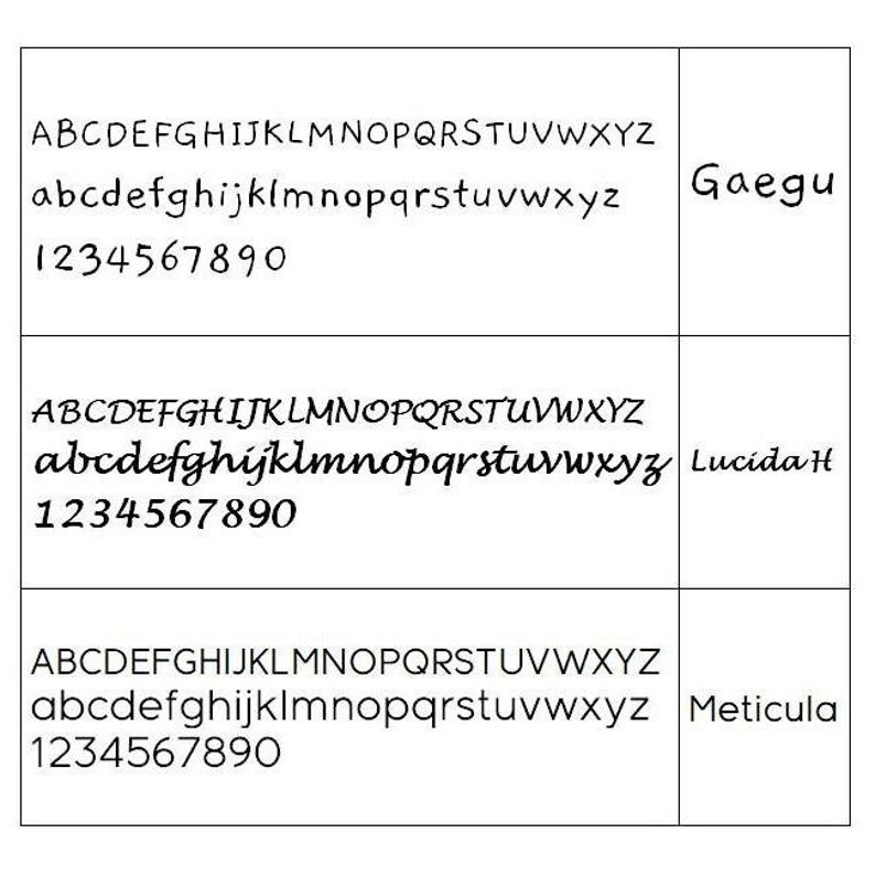 May include: A comparison of three different fonts: Gaegu, Lucida Handwriting, and Meticula. The fonts are shown in uppercase and lowercase letters, as well as numbers 1 through 9 and 0.