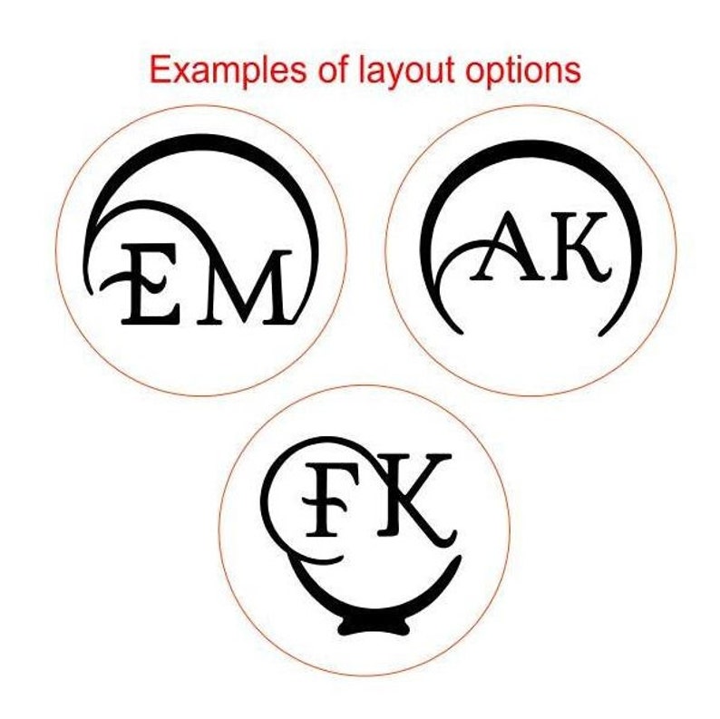 May include: Three circular graphic designs featuring black monograms on a white background. The top left shows EM, the top right shows AK, and the bottom center shows FK. Each design incorporates curved lines and the text Examples of layout options.