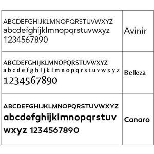 May include: A comparison of three different fonts: Avinir, Belleza, and Canaro. Each font displays the alphabet in uppercase and lowercase letters, as well as the numbers 1 through 9.