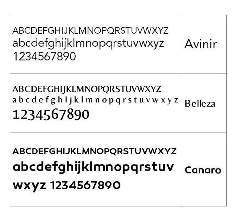 May include: A comparison of three different fonts: Avinir, Belleza, and Canaro. Each font displays the alphabet in uppercase and lowercase letters, as well as the numbers 1 through 9.