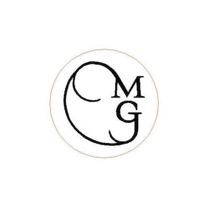 May include: A circular logo design featuring a thin orange outline. Inside the circle, the black capital letters C, M, and G are displayed. The letter C is large and curved, while the letters M and G are stacked vertically on the right side.