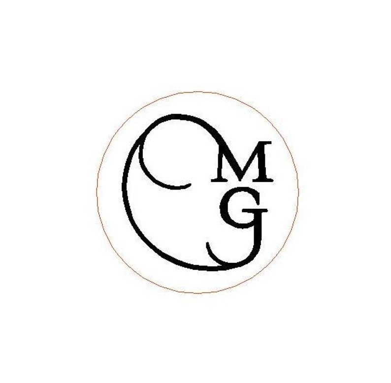 May include: A circular logo design featuring a thin orange outline. Inside the circle, the black capital letters C, M, and G are displayed. The letter C is large and curved, while the letters M and G are stacked vertically on the right side.