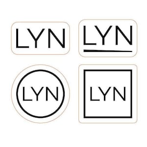 May include: Four different variations of a logo with the word "LYN" in black text on a white background. The logo is in a rectangle, a circle, a square, and a rectangle with a line under the text.