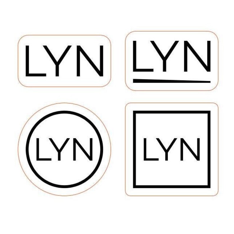 May include: Four different variations of a logo with the word "LYN" in black text on a white background. The logo is in a rectangle, a circle, a square, and a rectangle with a line under the text.