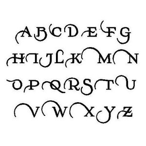 May include: A black and white graphic illustration of the English alphabet from A to Z. Each uppercase letter is rendered in a stylized, decorative font featuring elongated, curved flourishes and sweeping lines extending from the characters.