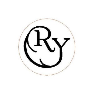May include: A circular logo design featuring the black uppercase letters R and Y intertwined. The letter R is positioned slightly to the left and overlaps with the letter Y, which extends to the right. The entire graphic is enclosed in a thin orange circle.