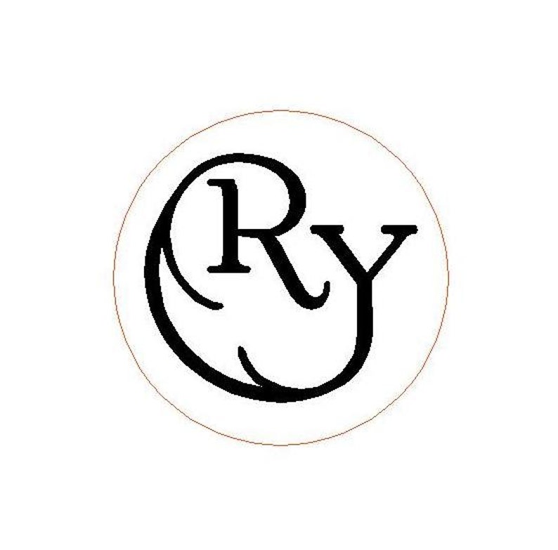 May include: A circular logo design featuring the black uppercase letters R and Y intertwined. The letter R is positioned slightly to the left and overlaps with the letter Y, which extends to the right. The entire graphic is enclosed in a thin orange circle.
